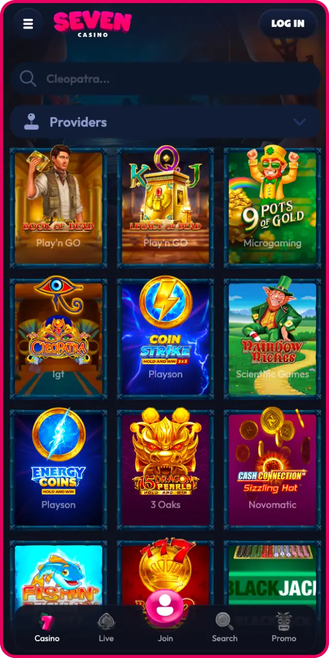 Accesează secțiunea de cazinou din interfața aplicației Seven Casino pentru jocuri interactive.