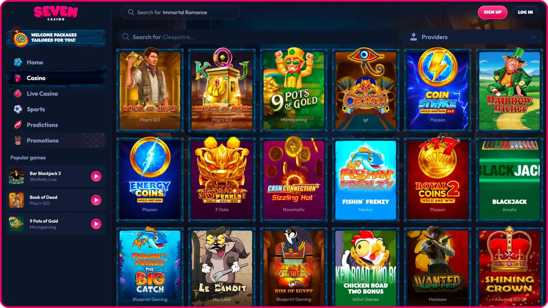 Vizitează secțiunea de cazinou din interfața Seven Casino și încearcă jocuri atractive.