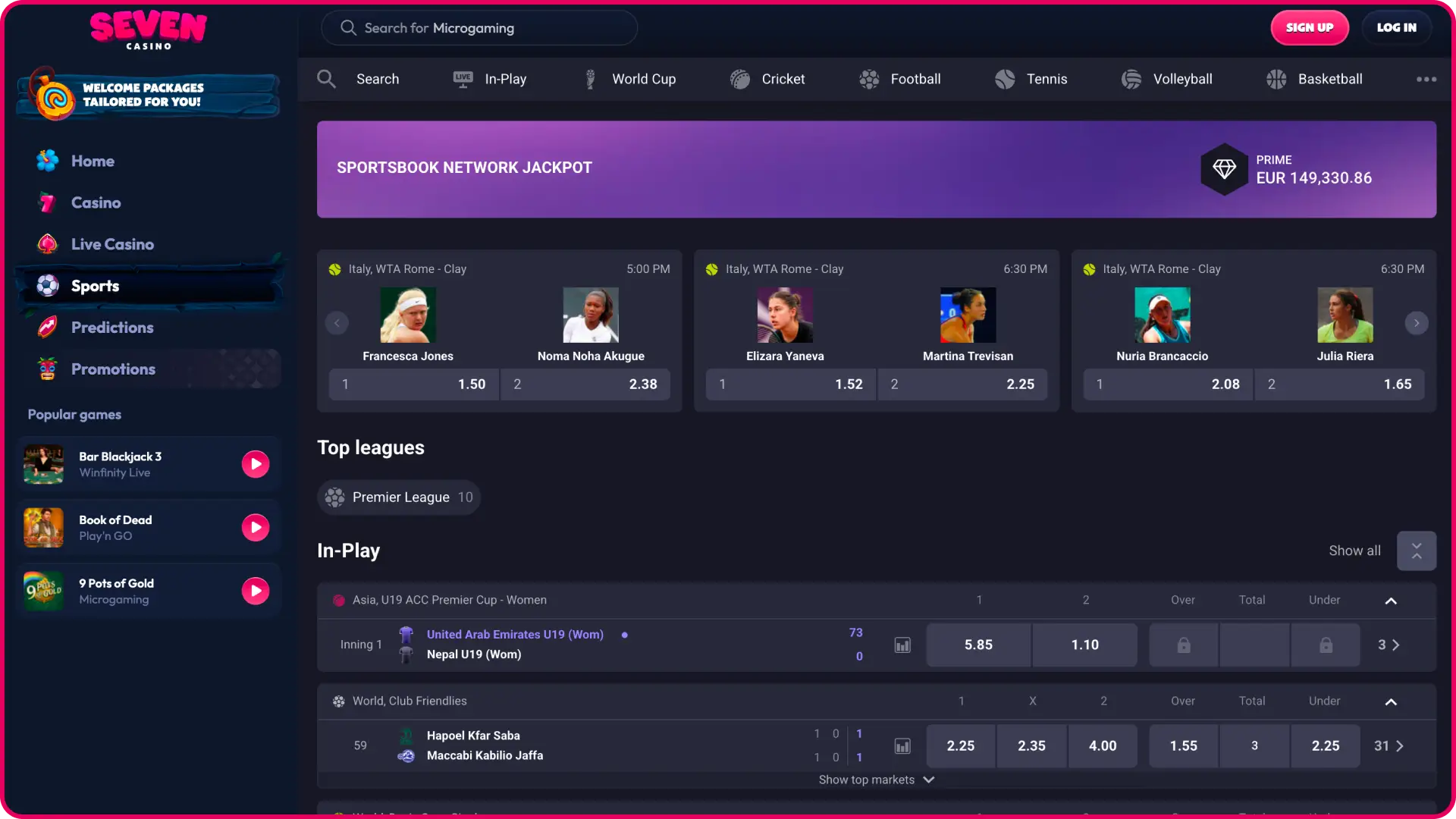 Descoperă platforma de sporturi din interfața Seven Casino și plasează pariuri live.