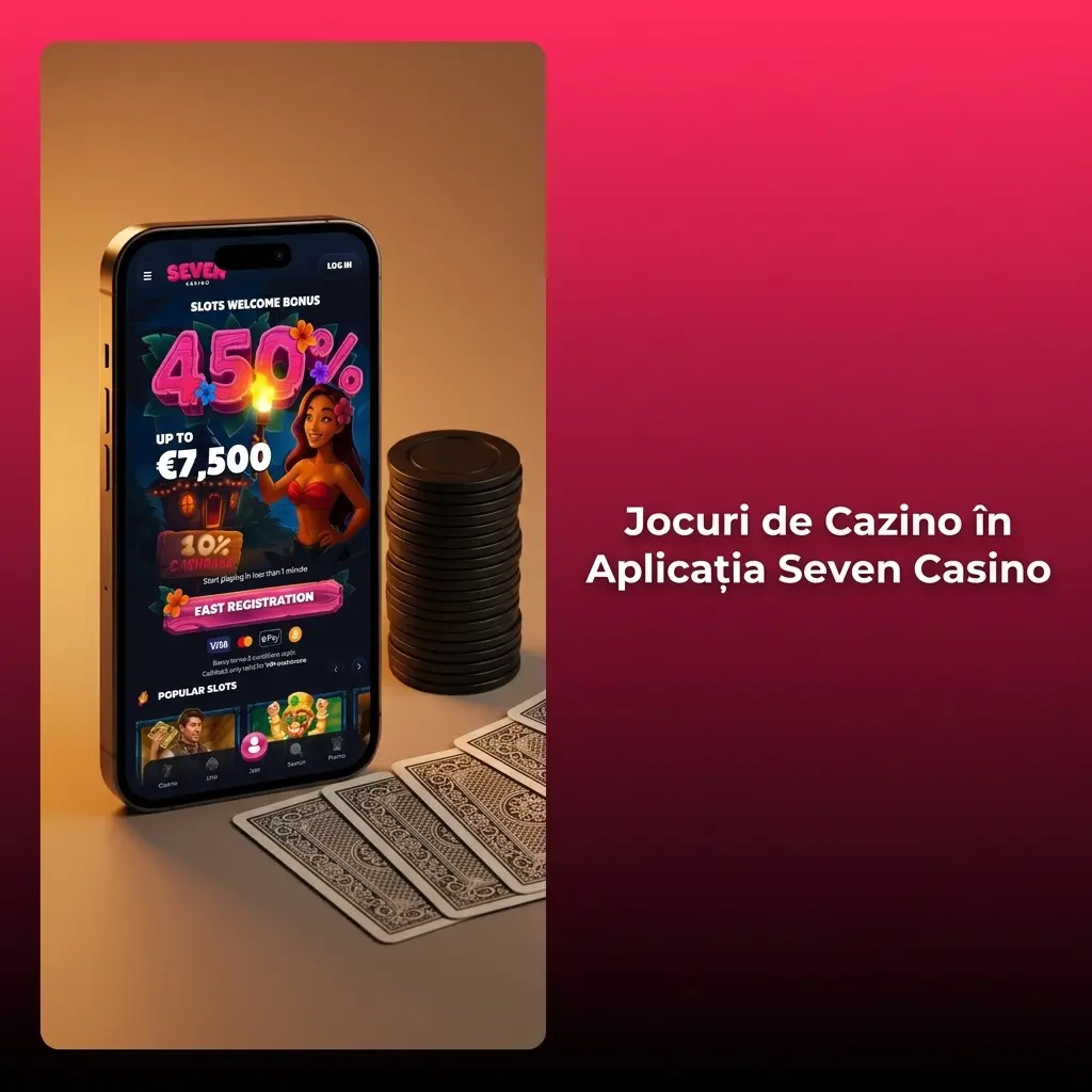 Aplicație Seven Casino cu jocuri de sloturi, cazino live, ruletă, blackjack și jackpot disponibile pe mobil