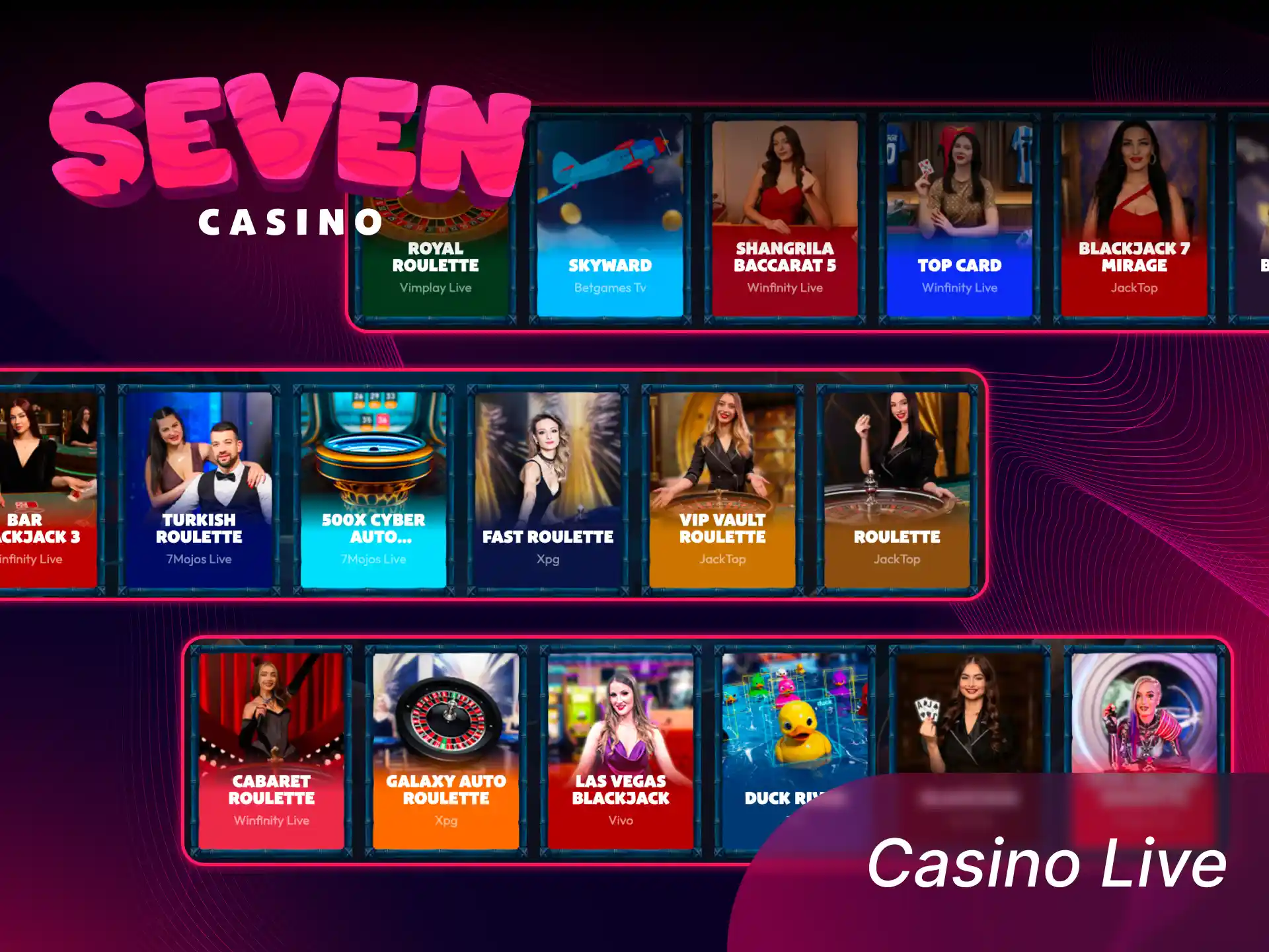 Intră în lobby-ul de casino live de la Seven Casino și joacă cu dealeri reali.