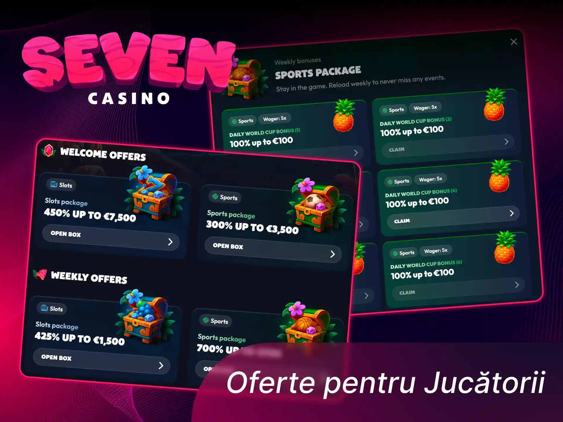 Revendică pachetul cu oferte de bun venit oferit exclusiv pe platforma Seven Casino.